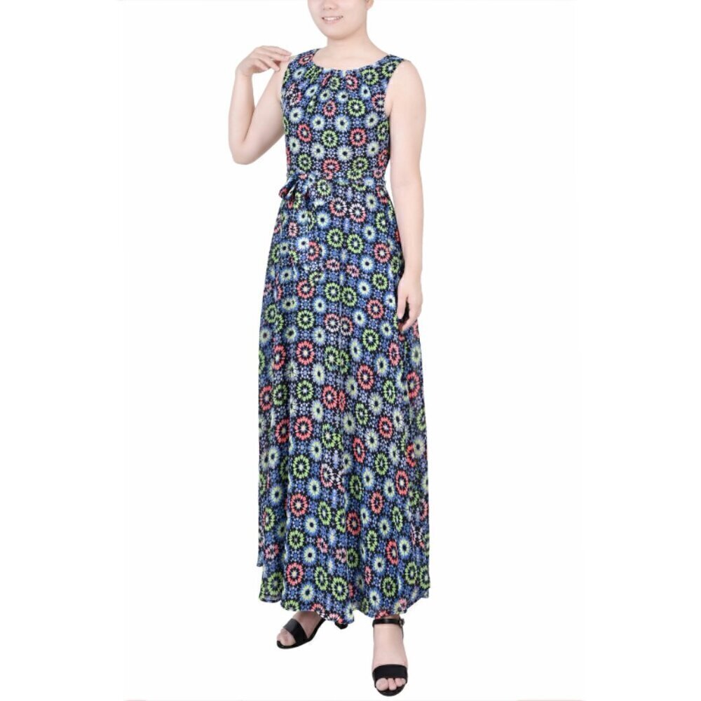 NY COLLECTION Petite Sleeveless Belted Black & Neon Chiffon Maxi Dress NWT